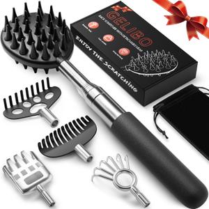 Gelibo Telescoping Large Back Scratcher with 5 Detachable Heads, Valentines Day Gifts for Him, Gifts for Men, Extendable Back Massager Tool with Beautiful Box (Regular, Black)