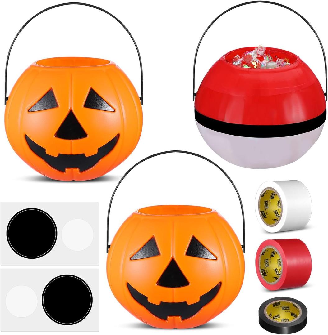 9 Pcs Halloween Cartoon Themed Red and White Treat Bucket DIY Set 2 Plastic Pumpkin Bucket 3 Roll Tapes and 4 Round Stickers Cartoon Themed Ball Buckets with Handles for Candy Gifts