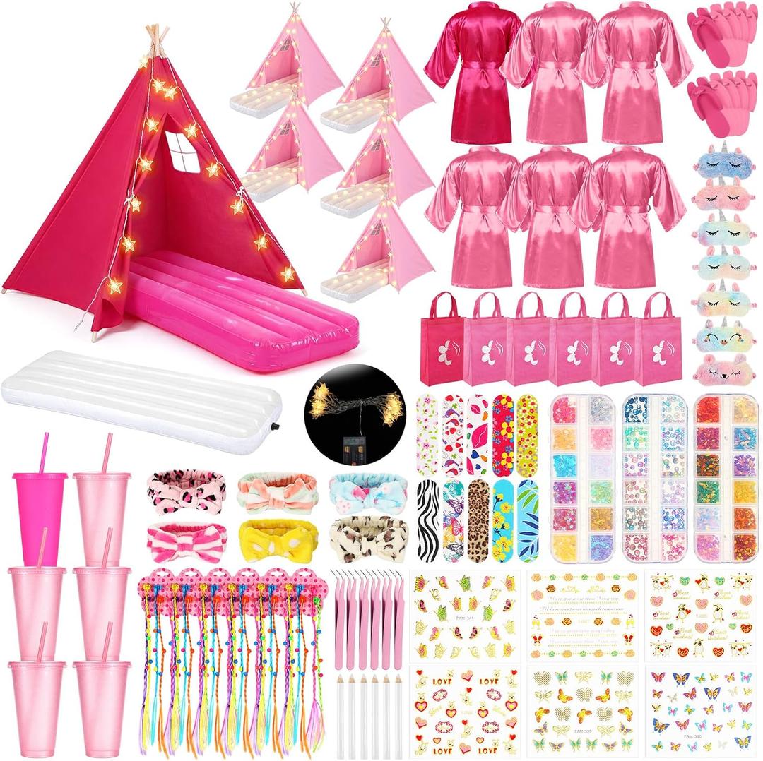 6 Set Sleepovers Teepee Tents Spa Party Robes Supplies Bulk with Inflatable Airbed and Light String, Party Supplies for Birthday Movie Spa Favors Gift Indoor Outdoor (Complete,5 Pink 1 Rose Red)