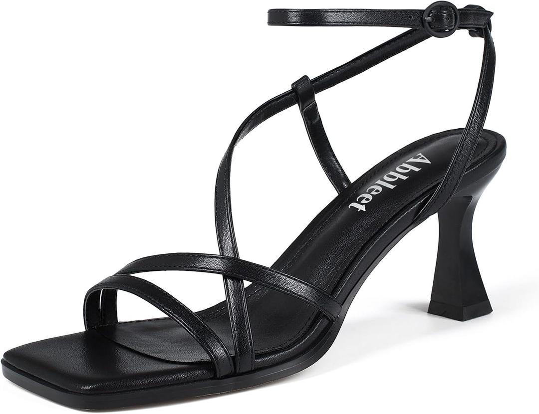 Kitten Heels for Women - Square Open Toe Strappy Heeled Sandals with Ankle Strap - Wedding Dress Heels (Black) 7.5