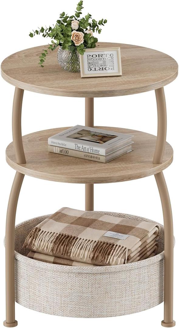 Round Side Table with Storage Basket, End Table Living Room, 15.75" Dia