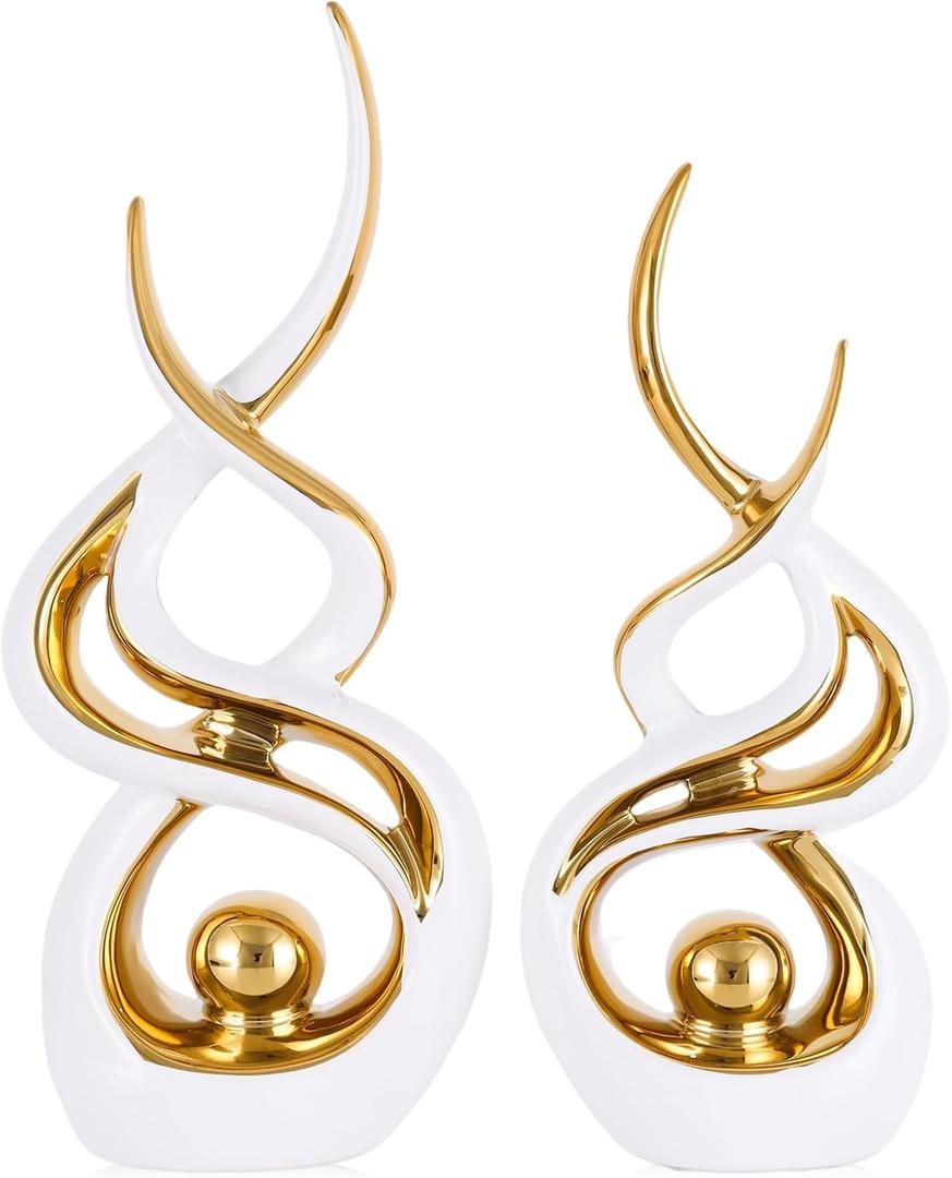 White Gold Abstract Ceramic Sculpture Set of 2 Modern Electroplated Figurines Decorative Statues for Living Room Shelf Mantel Tabletop Home Decor Housewarming Gift (White Gold)