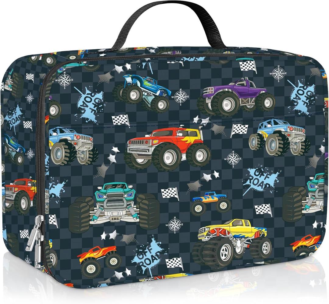 Clastyle Black Race Car Insulated Lunch Bag for Kids Boy, Colourful Trucks Portable Large Thermal Cooler Lunch Box Bag for School