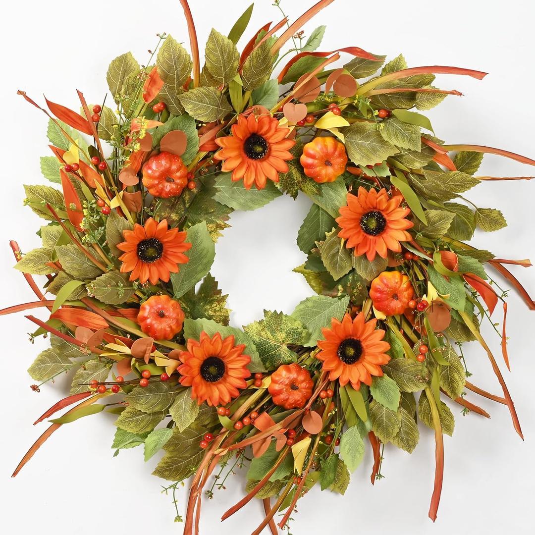 Waipfaru 22in Fall Wreaths for Front Door, Autumn Pumpkin Wreath with Sunflower& Pumpkins, Fall Door Wreath for Thanksgiving Decorations, Farmhouse Decor Indoor and Outdoor