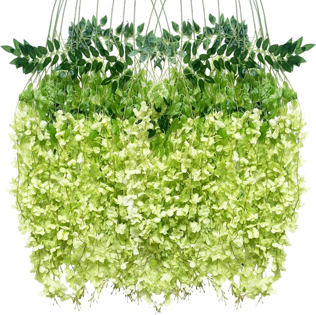 Artificial Wisteria Hanging Flowers Fake Wisteria Flower Garland Silk Vines Rattan Decor for Home Wedding Arch Wall Garden Greenery Bedroom Outdoor Office Party Decoration (12, Green)