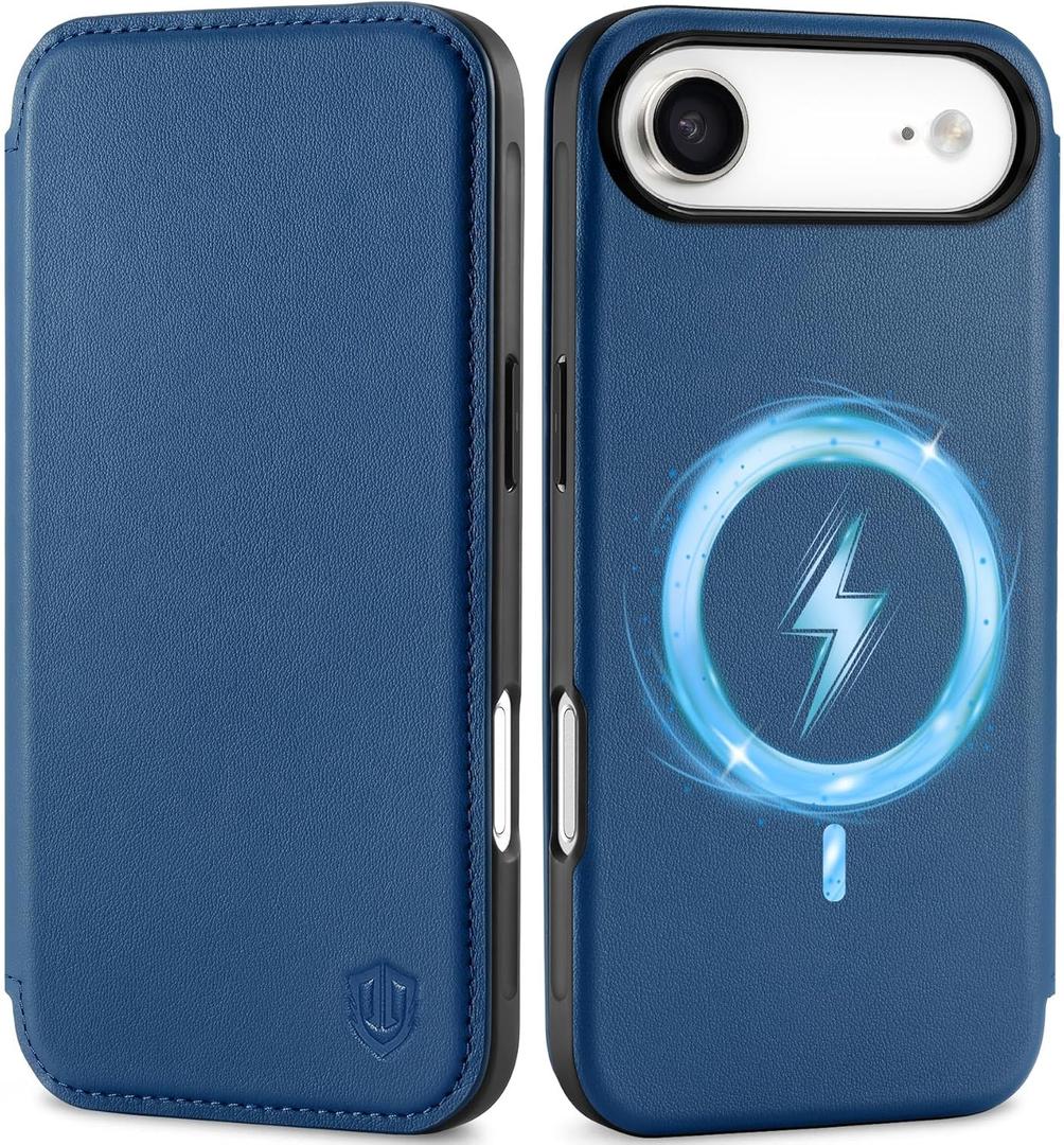 SHIELDON Slim Genuine Leather Wallet Case for iPhone Air 6.5-inch 2025 | Wireless Charging, Folio Magnetic Closure, RFID Blocking Credit Card Holder, Shockproof Phone Cover - Royal Blue