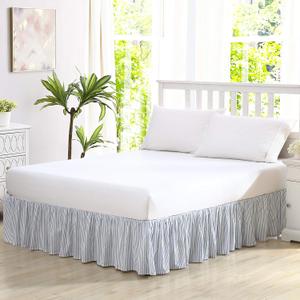 Laura Ashley - Queen Size Bedskirt, Soft Cotton Ruffled Bedding for Year Round Use, Striped Bedding with 14.5' Drop (Ticking Stripe Blue)