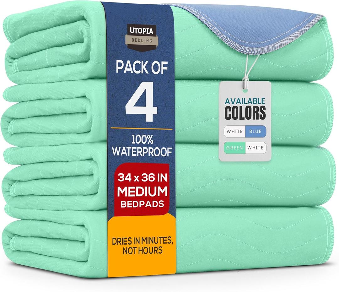 Utopia Bedding Washable Pee Pads for Dogs 34" x 36" (Pack of 4), Waterproof Incontinence Bed Pads for Adults, Elderly and Kids, Heavy Absorbency Pet Training Pads for Sofa and Couch (Green, Blue)