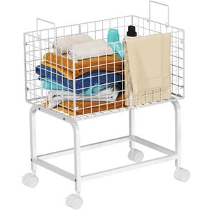 Wire Laundry Hamper Cart,80L Laundry Hamper Trolley with Pull Handle,White High Laundry Basket Cart for Laundry Room,Bathroom,Bedroom-White23.6 * 15.75 * 28inch