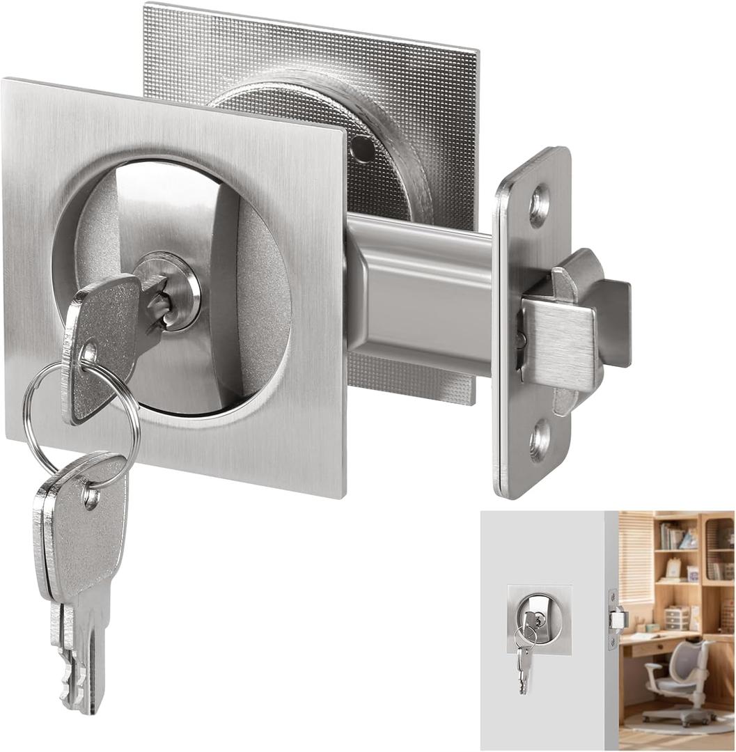 Square Pocket Door Lock, Satin Nickel Pocket Door Hardware, Sliding Pocket Door Lock with Key, Flush Pocket Door Latch for Bed/Bath