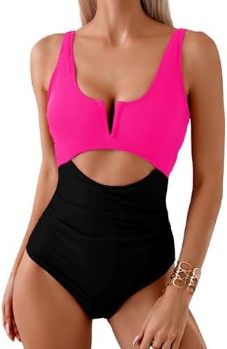 HXN Women's One Piece Swimsuit Tummy Control Bathing Suit Color Block Cutout Slimming Swim Suit Swimwear 2025 Size S