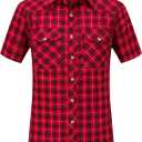 JMBONHEUR Men's Western Cowboy Pearl Snap Buttons Plaid Short Sleeve 2 Pockets with Pen Holder Lightweight Casual Shirt (Red Black #22, L)