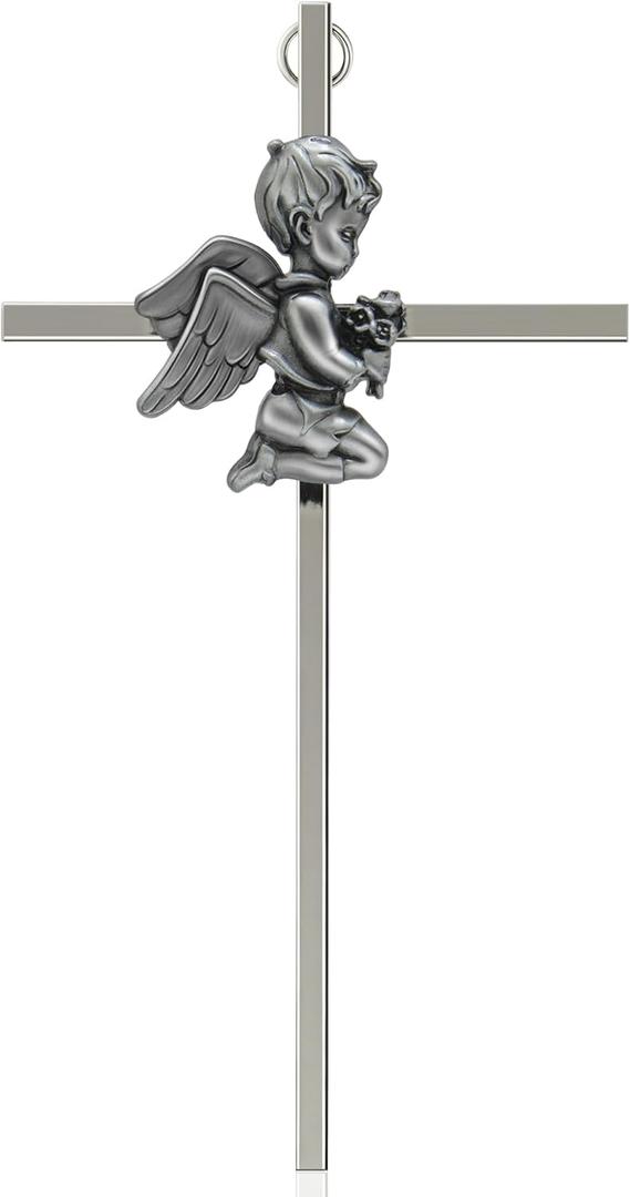 Evalote Baby Wall Cross Baptism Gift for Boy  7-Inch Silver Praying Boy Wall Cross for Christening, First Communion, or Newborn Nursery Dcor(7 inch) (7 inch BOY)