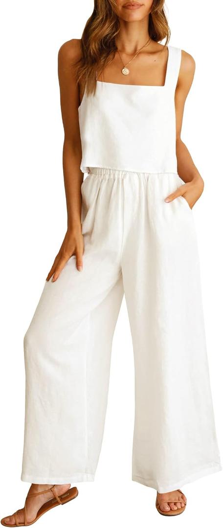 ANRABESS Women's 2 Piece Outfits Linen Pants Jumpsuit Matching Lounge Set Casual Summer Beach Vacation Trendy Clothes (White) S