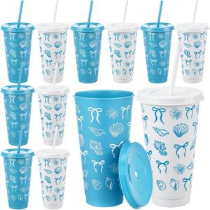 12 Pcs 24 oz Blue Bow Starfish Seashell Plastic Cups with Lid Straw Beach Party Blue Coastal Reusable Cup Bulk Ocean Nautical Coffee Tumbler for Wedding Birthday Sea You Soon Baby Shower Summer Party