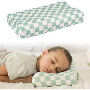 Tiny Twinkle Toddler Pillow with Fitted Pillowcase | Ergonomic Shape with Resilient, Cloud-Like Memory Foam for Comfortable Sleeping | Kids Travel Pillows (Sage Checkers)