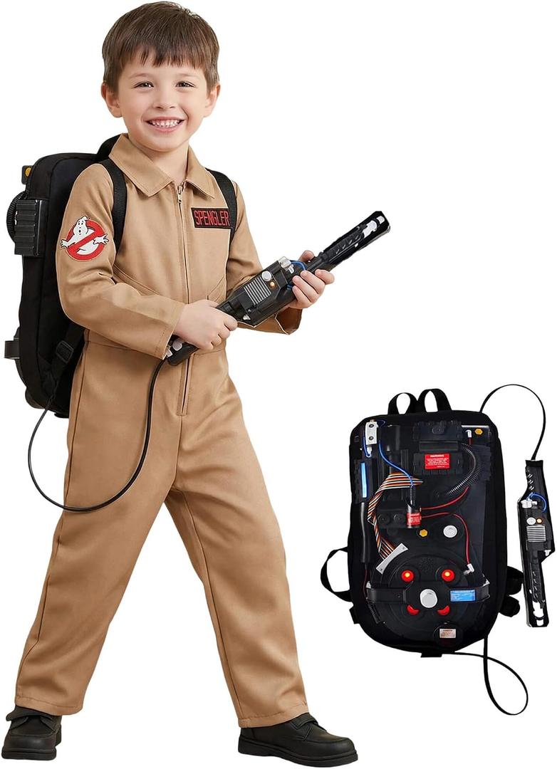 DINIZIMO 3 Pcs Ghost Costume Kids Deluxe Set for Halloween Dress Up Party and Roleplay Cosplay with Proton Pack (Medium)