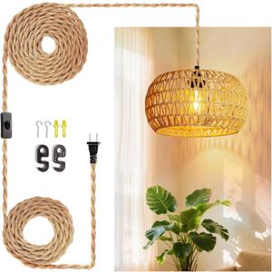 Hanging Lamps Rattan Pendant Light Hanging Lights 16.4ft Plug in Cord Pendant Light Fixture Plug Into Wall Outlet Pendant Lighting with On Off Switch for Bedroom Living, 12.6 Inch-drum Shade