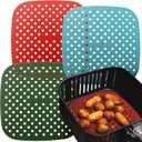 Reusable Square Silicone Air Fryer Liners (7.5 Inch, 3 Pack) by Lindas Essentials - Non-Stick, Easy-Clean Accessories with Cheat Sheet & Recipe Book, Perfect for Quick Meals