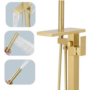 Hoimpro Tub Filler Freestanding Bathtub Faucet Brushed Gold Floor Mount Tub Faucet Waterfall Bathtub Filler with CUPC Certified High Flow Brass Bath Shower Faucets with Handheld Sprayer