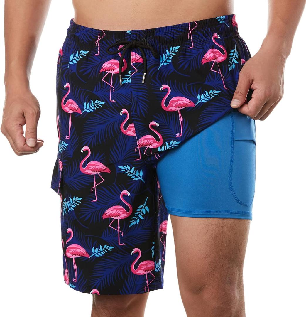 BRISIRA Mens Swim Trunks 9 Inch Inseam Board Shorts with Compression Liner Swimsuit Bathing Suit Quick Dry Cargo Pocket (40, Flamingo)