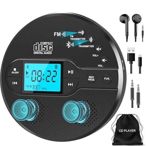 Sunoony Portable CD Player with Bluetooth, Discman CD Player for Car with FM Transmitter, Rechargeable CD Player Portable with Anti-Skip Protection, Headphones, AUX/USB Supported, LCD (Black)