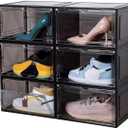 Attelite Large Clear Shoe Box Organizer,Plastic Stackable Shoe Storage Box with Magnetic Door, Large Clear Door Shoe Containers for Display Sneakers, Easy AssemblyBlack