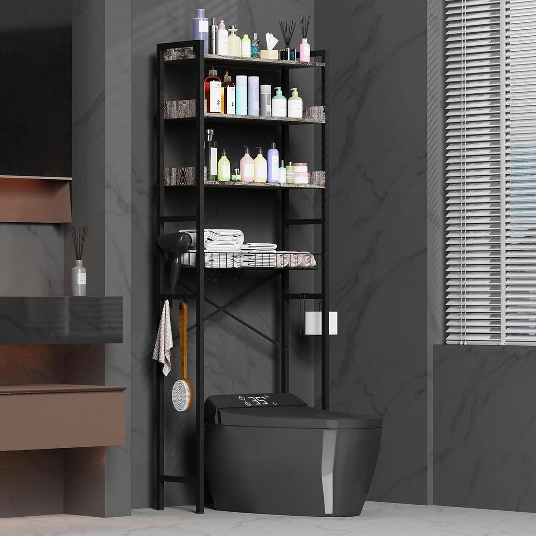 Over The Toilet Storage 4-Tier, Freestanding Bathroom Organizer Shelf with Adjustable Basket and Shelves, 67" Tall Space-Saving Toilet Rack for Bathroom, Restroom, Laundry