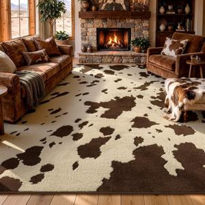 YIHOUSE Cowhide Large Area Rugs 8×10 Ft, Washable Plush Soft Brown and Cream Cow Rug, Non-Slip High-Low Pile Animal Carpet for Living Room, Bedroom, Dining Room, Western Home Decor