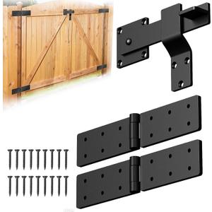 Fence Gate Hinges and Latch Set Heavy Duty -Black 270 Degree Strap Hinge & Adjustable Latch Kit for Outdoor,Garden,Backyard,Barn,Shed Wood Doors -Rust-Resistant Farm Gate Hardware with Screws