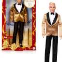Barbie Signature 2025 Holiday Blonde Ken Collectible Fashion Doll Wearing Full Suit with Golden Jacket in Displayable Packaging & Doll Stand (Multicolor)
