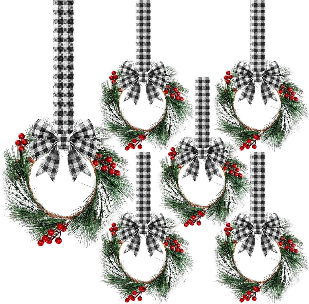 Crowye 6 Pcs Small Mini Christmas Cabinets Wreaths for Kitchen with Ribbon 10'' Hanging Artificial Green Leaves Decor Berry for Window Front Door Kitchen Wall Decor (Black and White)