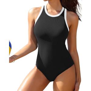 Charmo Women One Piece Swimsuit Zipper Back Ribbed Swimwear Sporty Racerback High Neck Bathing Suit (Large, Black)