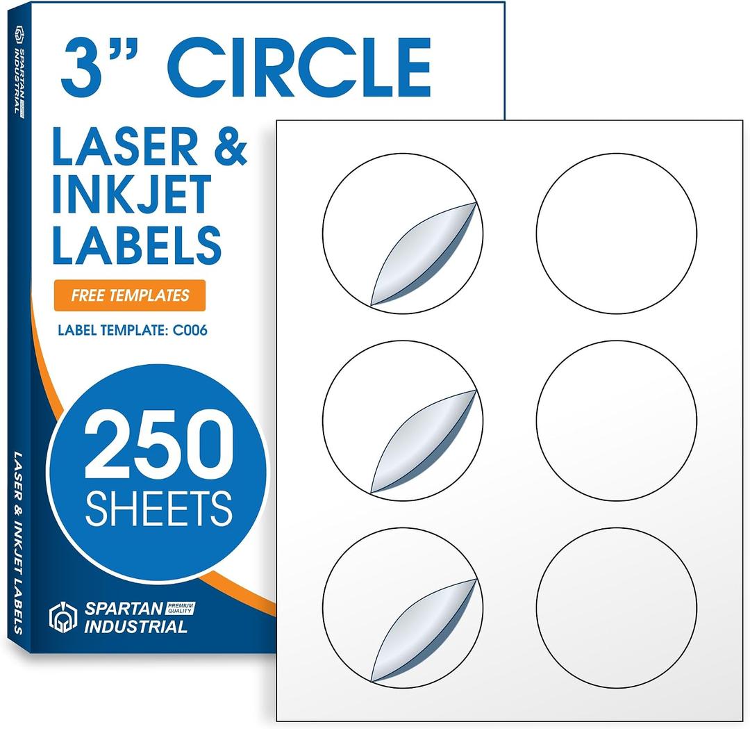 3" Printable Round Labels for Laser and Inkjet Printers - 1500 Blank Labels, 250 Sheets for Business Logos, Thank You Stickers, Price Tags, QR Codes - Spartan Industrial Template C006