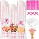 Bokon 100 Set Valentine's Day 14 oz Charcuterie Cup with Stick and Bag, Disposable Pink French Fries Snack Popcorn Dessert Fruit Holder for Birthday Wedding Valentine's Day Party Supplies