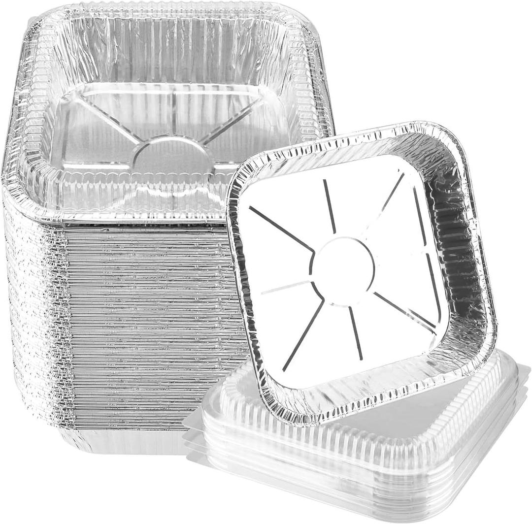 40 Pack 8" x 8" Square Aluminum Foil Pans with Clear Lids, Disposable Foil Containers Aluminum Foil Trays for Cooking, Baking, Storing, Silver