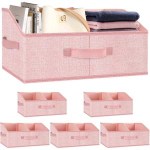 Closet Storage Bins 6 Pack, Large Closet Organizer Baskets with Divider & Handles,Trapezoid Fabric Shelf Organizers, Collapsible Storage Cubes for Clothes, Towels, Toys - Pink