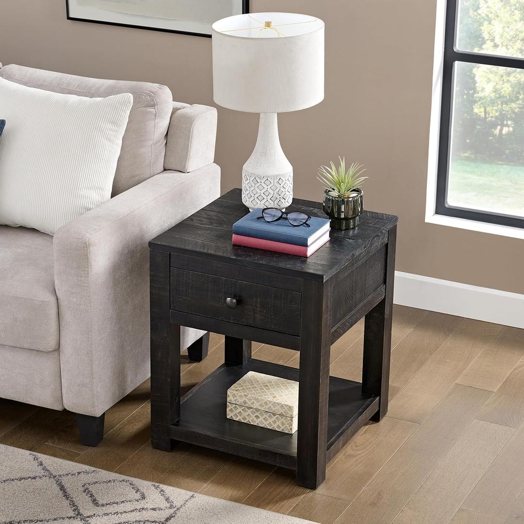 Durham Living Room Side Table - 20-Inch End Table with Storage Drawer and Shelf - Solid Wood Night Stand for Living Room or Bedroom - Mid Century Modern Furniture by Alaterre Furniture (Dark Brown)