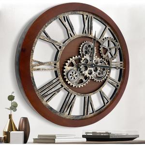 The B-Style Large Wall Clock 24 inch Moving Gear Wall Clock Oversized Vintage Farmhouse Wall Clocks for Living Room Decor Rustic Industrial Wood Clock (Black walunt Wood and Bronze)