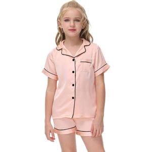Veseacky Luxurious Kids Satin Pajama Button Down Short Sleeve Nightwear Classic Solid 2 Piece Pj Set(Champagne,130)