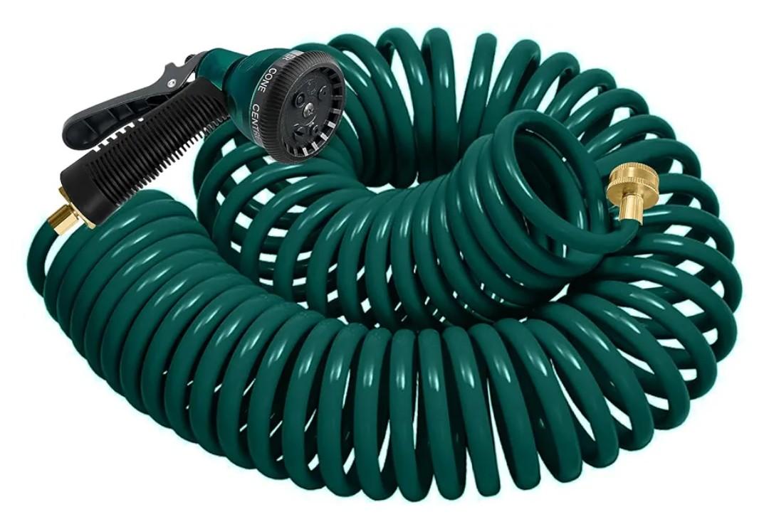 Coil Hose 25FT EVA Coil Garden Hose With 3/4'' Brass Connector Coiled Water Hose Lightweight And No Kink Includes 7 Patterns Spray Nozzle For Outdoors Lawn Watering Car Washing
