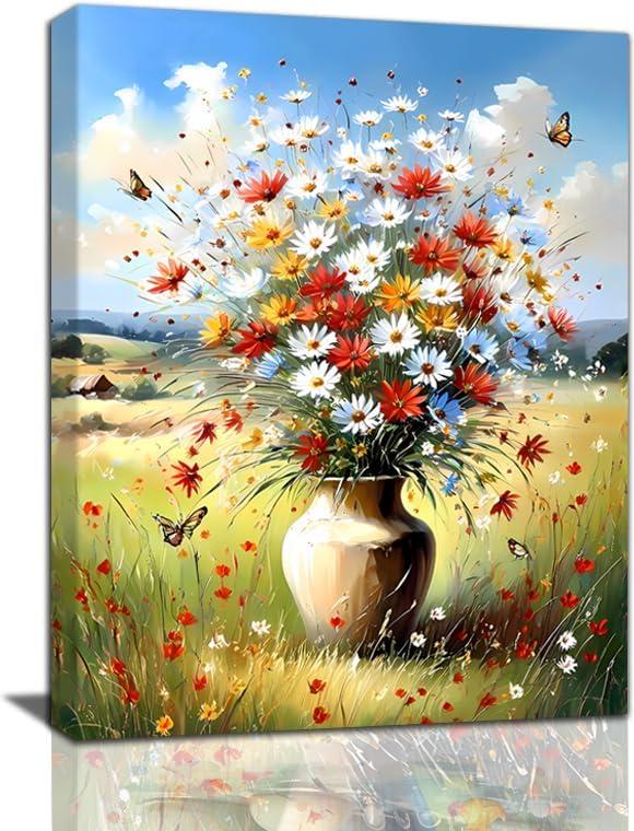Farmhouse Wildflower Bouquet Canvas Wall Art Colorful Wildflower Canvas Wall Art Vintage Colorful Modern Floral Wall Decor Bedroom Office Decoration (12x16 Inch Framed)