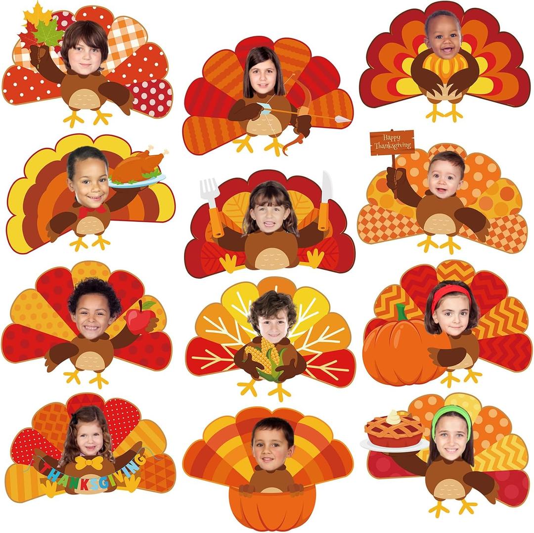 Kosiz 60 Pcs Turkey Decorations for Classroom Turkey Paper Cutouts Thanksgiving Bulletin Board Decor Paper Cut Decoration for Classroom Office Thanksgiving Party Wall Decor, 12 Styles