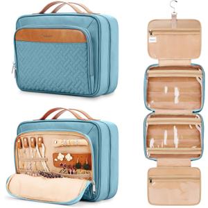 Travel Hanging Toiletry Bag for Women, Cruise Ship Essentials, with Jewelry Organizer, Extra Large Makeup Dopp Kit, Waterproof Cosmetic Bags, Toiletries Kit Set with Trolley Belt, Sky Blue