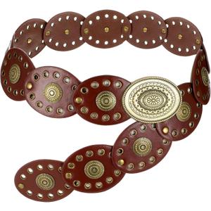 Womens Western Cowgirl Disc Belt, Vintage Wide Cowgirl Leather Oval Belts with Oval Buckle, Boho Leather Hollow Out Round Western Cowboy Cowgirls Waist Belt