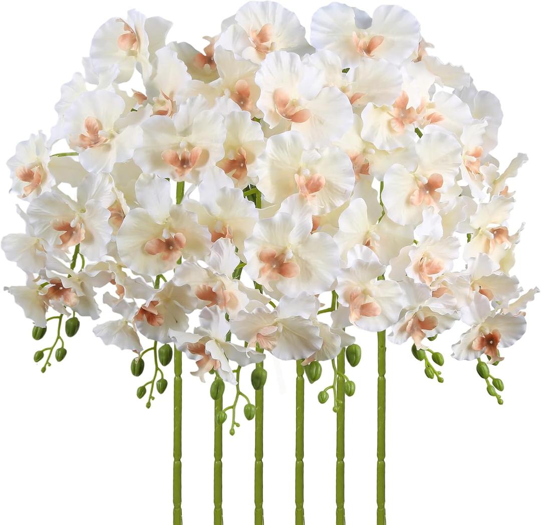 6PCS Champagne Orchids Artificial Flowers 36" Artificial Silk Phalaenopsis Flowers Faux Orchid Stems for Wedding Party Office Home Dcor (Champagne)