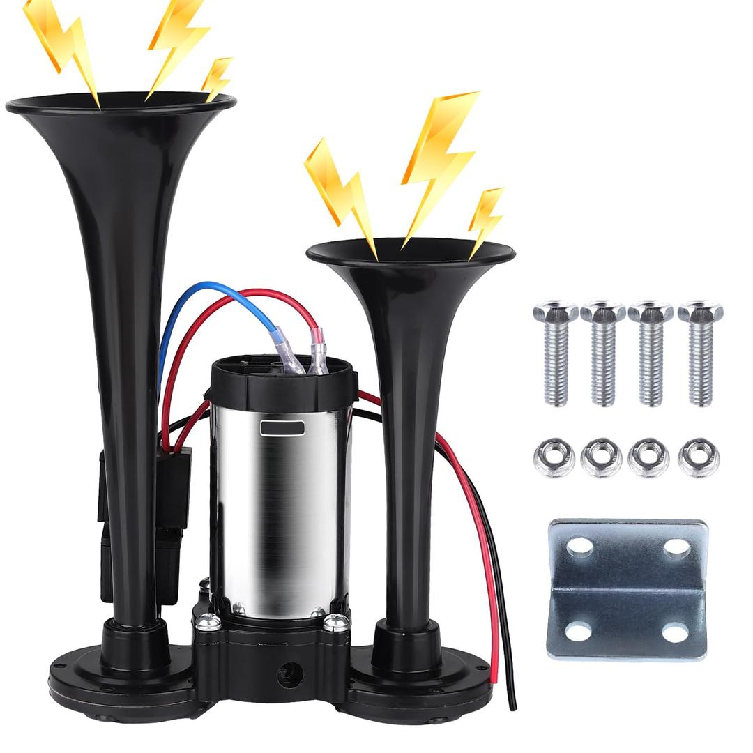 Animgrth Upgraded 12V 600DB Air Horn Dual Trumpets, Super Loud Truck Train Horns Kit with Air Compressor for Any 12V SUV Motorcycle Trucks Pickup Lorries Trains Cars Boats
