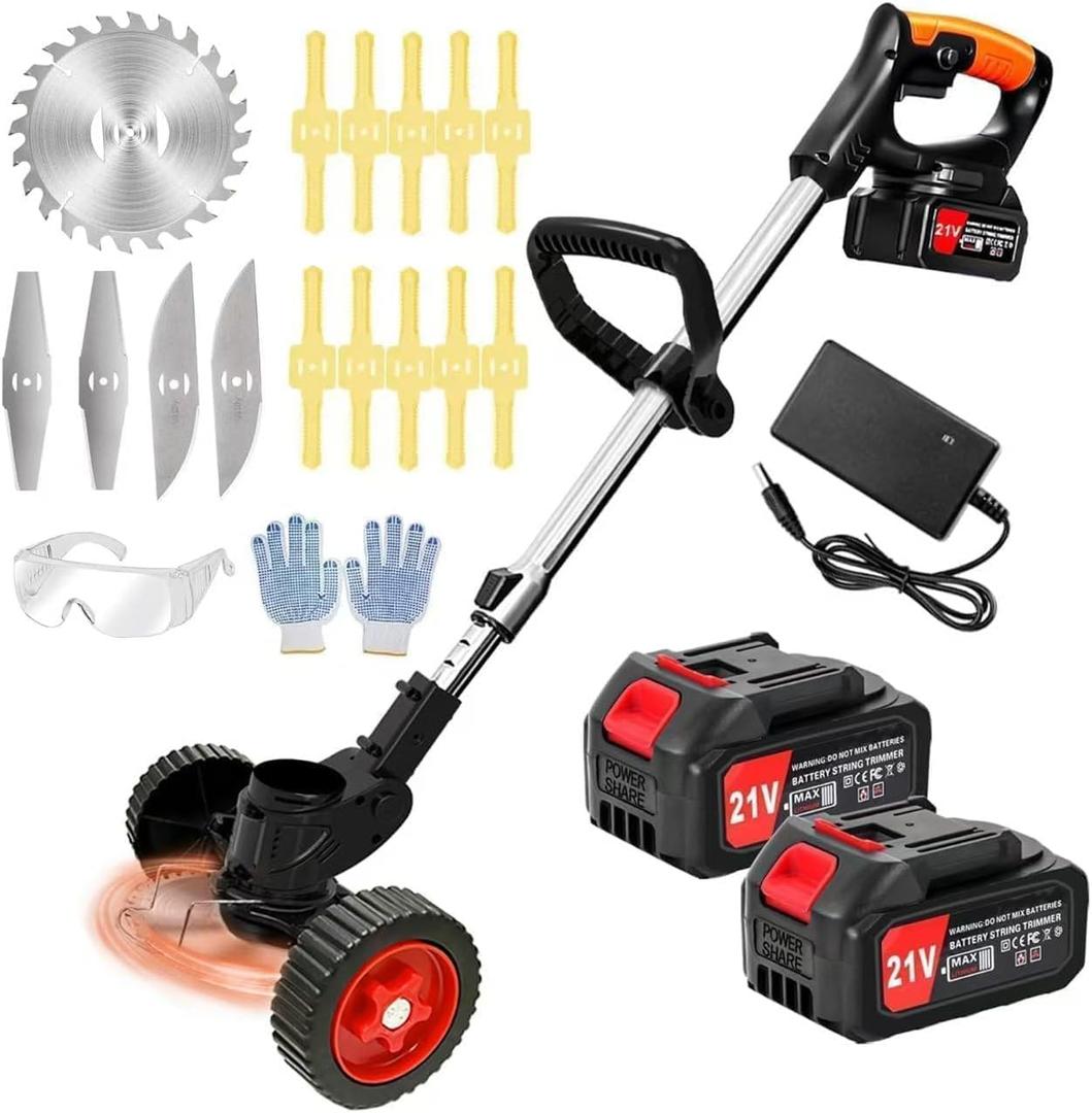Electric Weed Wacker 21V Electric Weed Cordless Eater with 2pcs Batteries and 3 Types Blades&Auxiliary Wheel Weed Trimmer Lightweight 3 in 1 Stringless Grass Trimmer Edger/Brush Cutter for Lawn