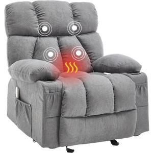 Massage Rocker Recliner Chair with Heat and Vibration Ergonomic Rocking Lounge Chair for Living Room Comfy Overstuffed Recliner with 4 Side Pockets,2 Cup Holders, Grey