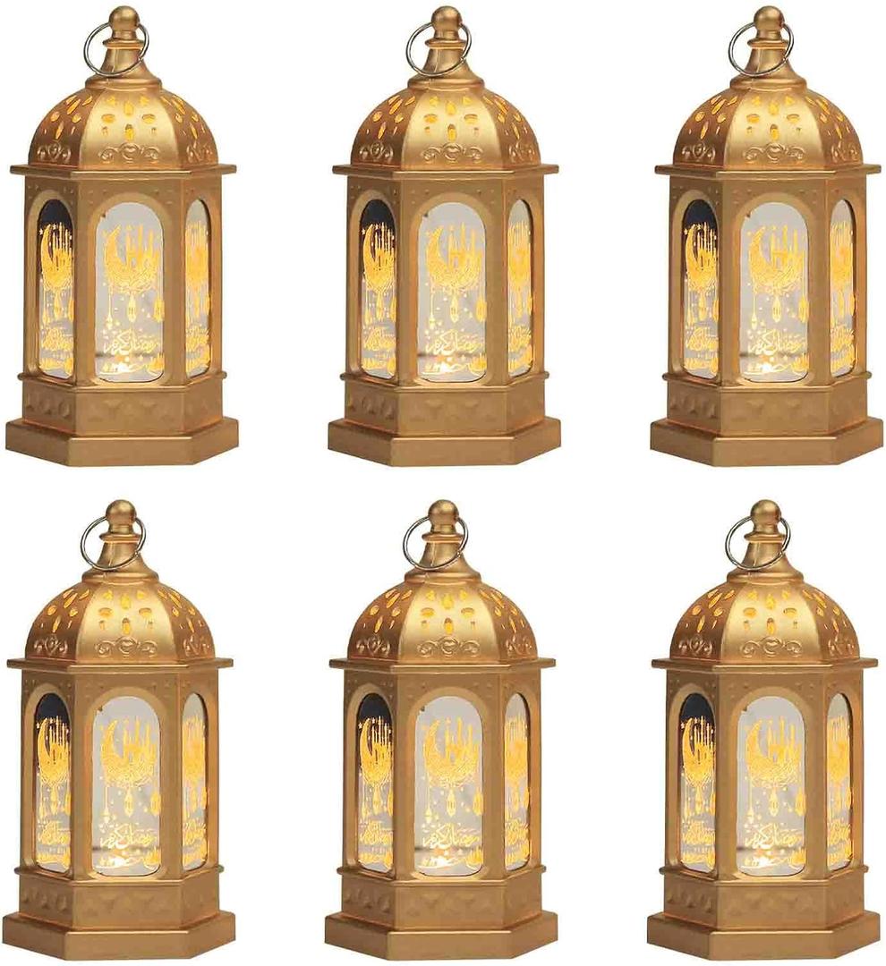 Hying 6 Pieces Ramadan Lanterns Decoration 5.2" Height Size Hanging Lamp Eid Mubarak Flameless Candle Lanterns Ramadan Eid-ul-fitr Gift Lamp for Home Tabletop Decor-Golden